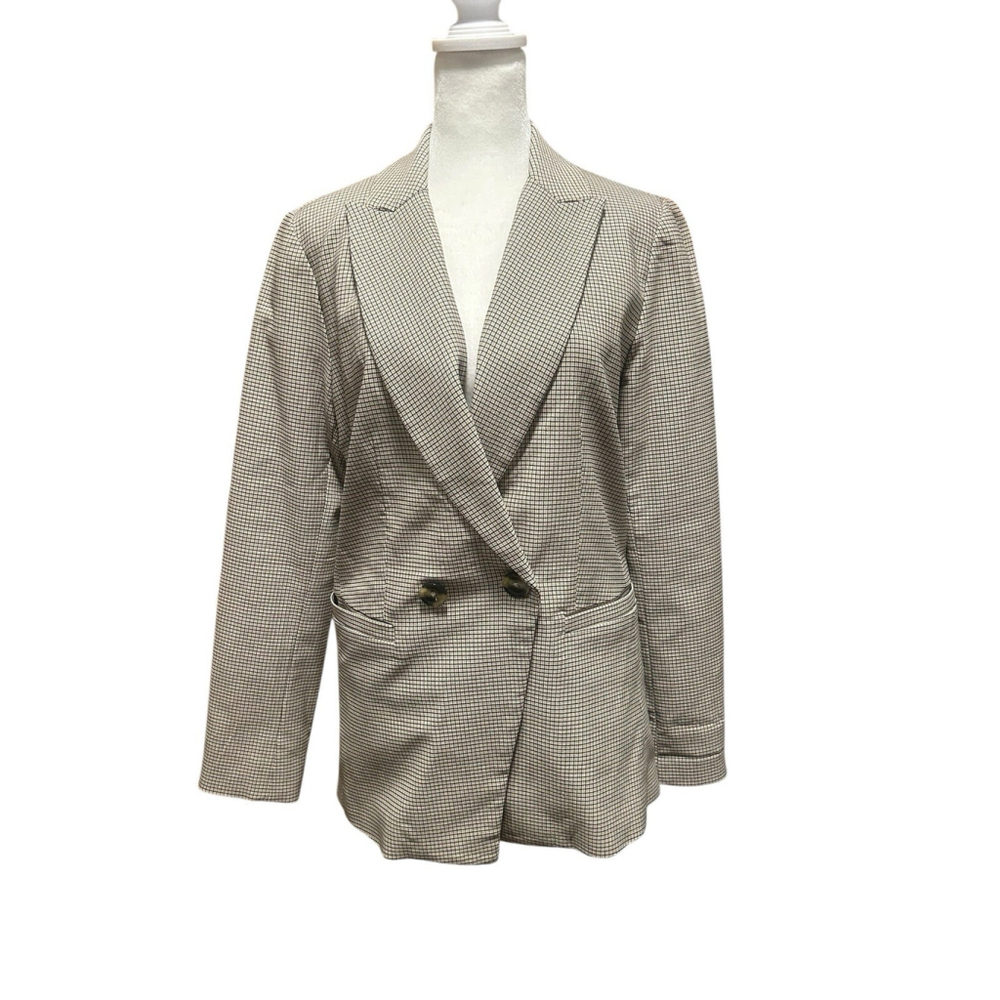 Rachel Zoe Size Medium Blazer Double Breast 2 Button Suit Jacket Check Plaid Tan